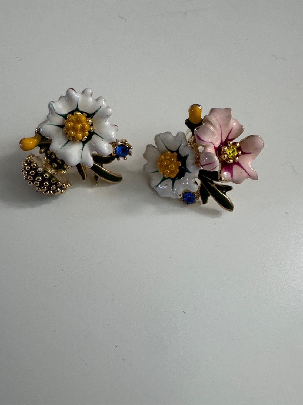 Floral Enamel Cluster Earrings with Pink & White Blooms